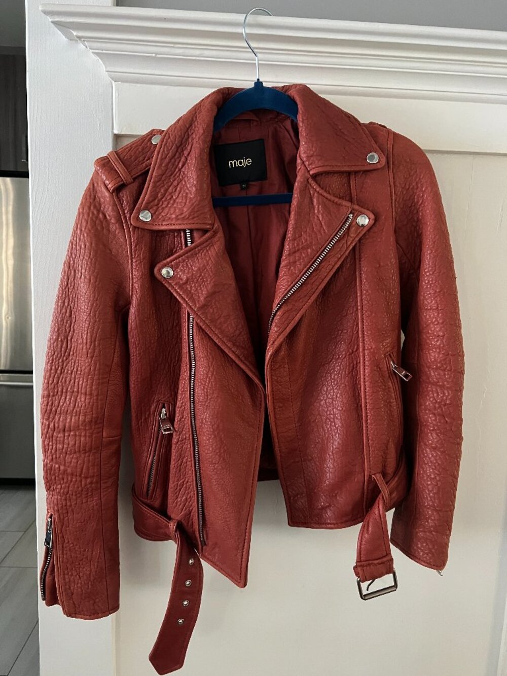 Maje Rust Orange Lamb Leather Moto Jacket — Size 36 / S